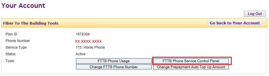 FTTB Phone service control panel link